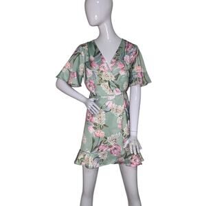 Show Me Your MuMu Mini Wrap Dress Short Sleeve Size M Green & Pink Floral Print